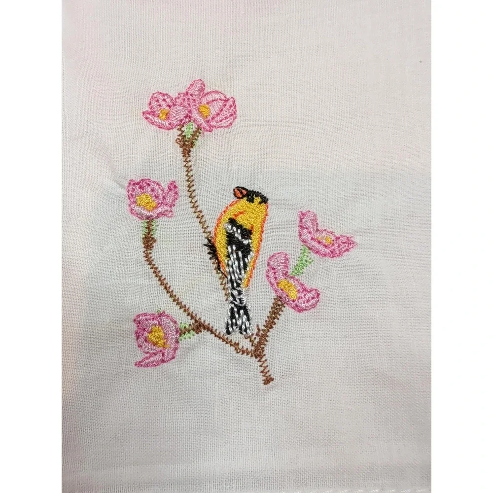 Vintage Embroidered Bird Handkerchiefs Lot of 5 Floral White Cotton Cottagecore